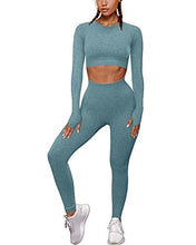 Load image into Gallery viewer, OYS Women&#39;s 2 Piece Tracksuit Workout Outfits Seamless High Waist Leggings Sports Long Sleeve Gym Sets Dark Green
