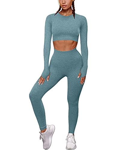 OYS Women's 2 Piece Tracksuit Workout Outfits Seamless High Waist Leggings Sports Long Sleeve Gym Sets Dark Green