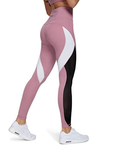 QUEENIEKE Women Yoga Pants Color Blocking Mesh Workout Running Leggings Tights Size XS Color Begonia Pink