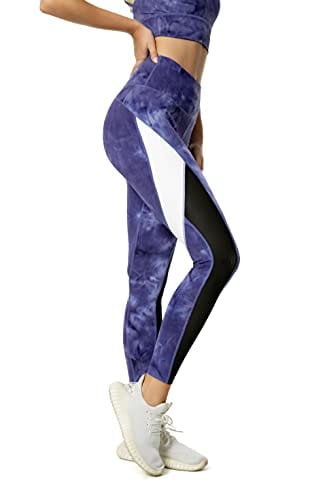 QUEENIEKE Women Yoga Pants Color Blocking Mesh Workout Running Leggings Tights Size XS Color Blue Tie -dye