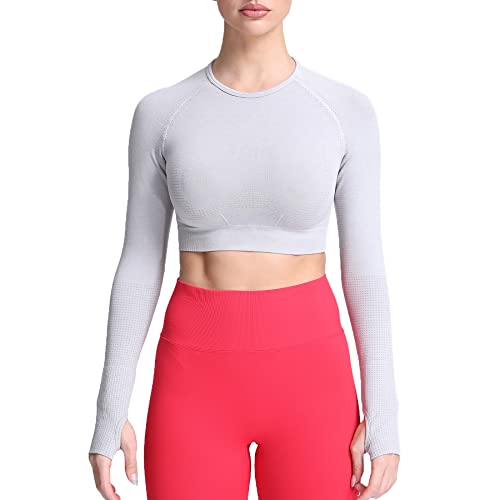 Aoxjox Long Sleeve Crop Tops for Women Vital 1.0 Workout Seamless Crop T Shirt Top (Vital White Grey Marl, Medium)