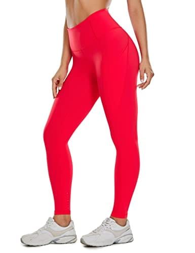 CRZ YOGA Women's Naked Feeling Workout Leggings 25 Inches - High Waisted Yoga Pants with Side Pockets (Neon) Bright Red