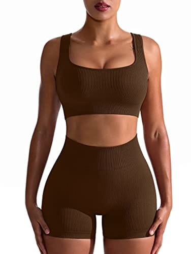 OQQ Workout Outfits for Women 2 Piece Seamless Ribbed High Waist Leggings with Sports Bra Exercise Set Coffee