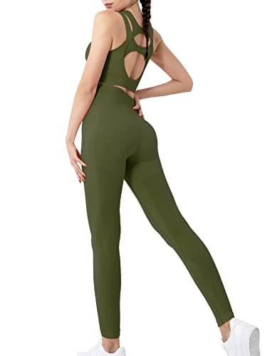 FRESOUGHT Workout Sets for Women 2 Piece Seamless Matching Yoga Gym Active Wear Outfits High Waist Legging Sports Bra Set Olive,S
