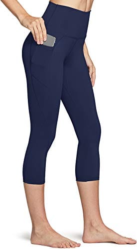 TSLA High Waist Yoga Pants with Pockets, Tummy Control Yoga Leggings, Non See-Through Workout Running Tights, Capris Pocket Peachy Navy