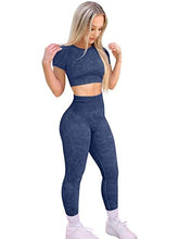 Load image into Gallery viewer, HYZ Workout Sets for Women 2 Piece Acid Wash High Waist Leggings Gym Crop Top Outfits Darkblue
