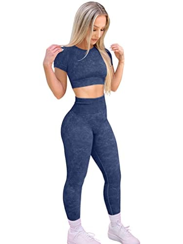 HYZ Workout Sets for Women 2 Piece Acid Wash High Waist Leggings Gym Crop Top Outfits Darkblue