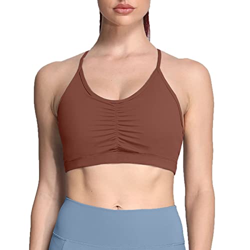 Aoxjox Sports Bras for Women Workout Fitness Ruched Training Baddie Cross Back Yoga Crop Tank Top (Dandelion Brown, Medium)