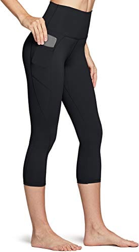 TSLA High Waist Yoga Pants with Pockets, Tummy Control Yoga Leggings, Non See-Through Workout Running Tights, Capris Pocket Peachy Black,
