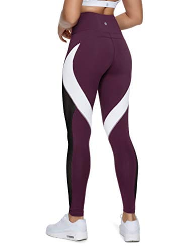 QUEENIEKE Women Yoga Pants Color Blocking Mesh Workout Running Leggings Tights Size XS Color Dark Rose Red