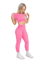 Load image into Gallery viewer, HYZ Workout Sets for Women 2 Piece Acid Wash High Waist Leggings Gym Crop Top Outfit Rose
