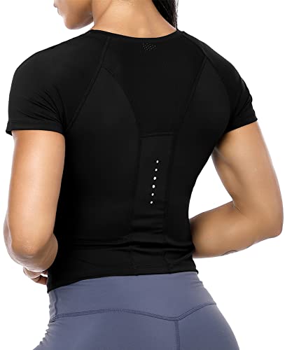 Workout Crop Tops for Women Short Sleeve Workout Shirts for Running Gym Yoga Athletic Exercise Black