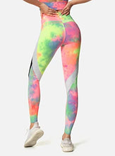 Load image into Gallery viewer, QUEENIEKE Women Yoga Pants Color Blocking Mesh Workout Running Leggings Tights Size XS Color Pink &amp; Yellow Tie-dye
