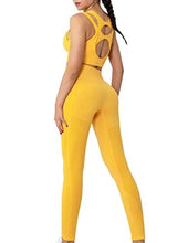 Load image into Gallery viewer, FRESOUGHT Yoga Sets for Women 2 Piece High Waist Legging Seamless Matching Workout Gym Active Wear Outfits Sports Top Sets Yellow,S
