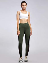 Load image into Gallery viewer, QUEENIEKE Women Yoga Pants Color Blocking Mesh Workout Running Leggings Tights Size S Color Dark Moss Green
