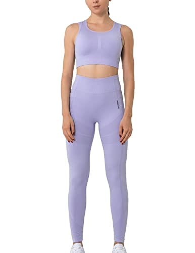 FRESOUGHT Workout Sets for Women 2 Piece Seamless Matching Yoga Gym Active Wear Outfits High Waist Legging Sports Bra Set Purple,S