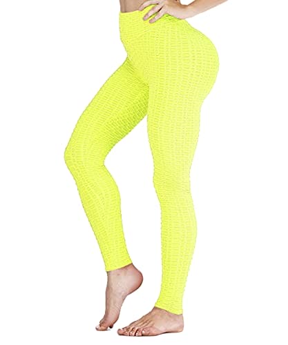 AIMILIA Textured Anti Cellulite Leggings for Women High Waisted Yoga Pants Workout Tummy Control Sport Tights Yellow