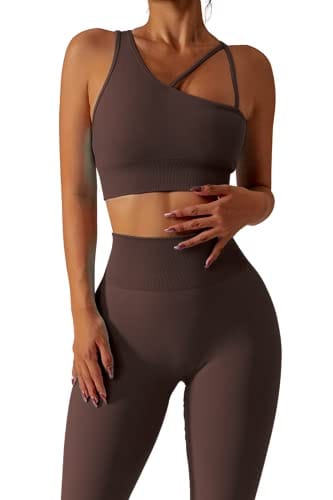 QINSEN Women's Workout Outfit 2 Pieces Seamless Yoga Leggings Padded Sport Bra Athletic Set Brown M