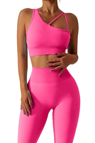 QINSEN Seamless Workout Set for Women One Shoulder Sporty Bra Tummy Control Butt Lifting Leggings Rosy S