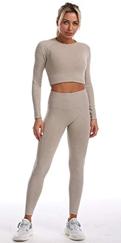 Women Workout Sets 2 Pieces Long Sleeve Yoga Outfits Seamless Ribbed Gym  Clothes