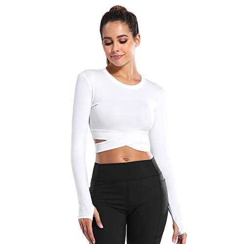 DREAM SLIM Women Long Sleeve Crop Tops Tummy Cross Crewneck Yoga Running Shirts Gym Workout Crop Tops with Thumb Holes (White Long, M)