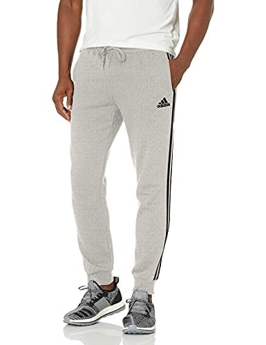 adidas Men's Standard Essentials Fleece Tapered Cuff 3-Stripes Pants, Medium Grey Heather/Black, XX-Small