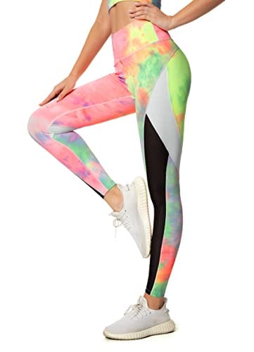 QUEENIEKE Women Yoga Pants Color Blocking Mesh Workout Running Leggings Tights Size XS Color Pink & Yellow Tie-dye