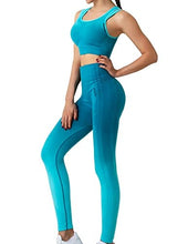 Load image into Gallery viewer, FRESOUGHT Workout sets for women 2 piece Yoga Outfits Seamless Crop Tank High Waist Legging Sports Bra Set Gym Active Wear Turquoise,Small
