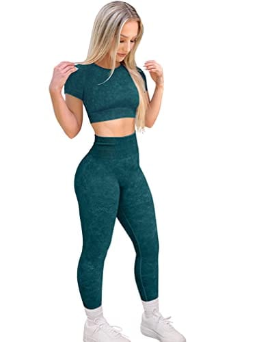 HYZ Workout Sets for Women 2 Piece Acid Wash High Waist Leggings Gym Crop Top Outfits Darkgreen