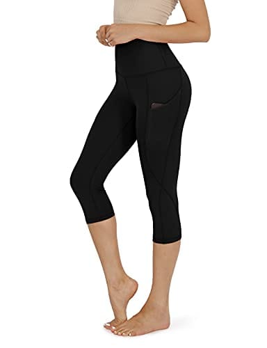 ODODOS Women's High Waisted Yoga Capris with Pockets,Tummy Control Non See Through Workout Sports Running Capri Leggings, Black
