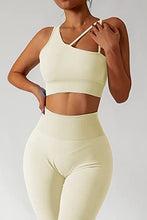 Load image into Gallery viewer, QINSEN Two Piece Outfits for Women Seamless Workout Bra Long Pants Running Sport Activewear Beige S

