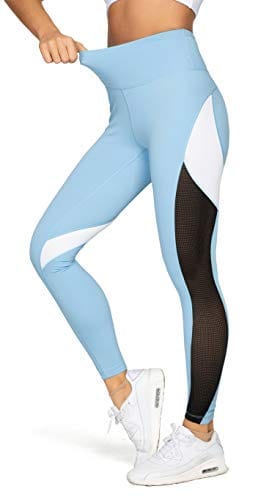 QUEENIEKE Women Yoga Pants Color Blocking Mesh Workout Running Leggings Tights Size XS Color Sky Blue