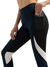 Load image into Gallery viewer, QUEENIEKE Women Yoga Pants Blocking Mesh Workout Running Leggings Tights with Pockets XS Dark Blue
