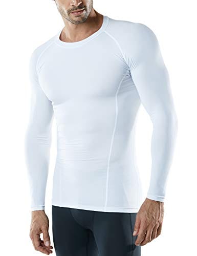 ATHLIO Men's UPF 50+ Long Sleeve Compression Shirts, Water Sports Rash Guard Base Layer, Athletic Workout Shirt, Single Pack Top White, Medium