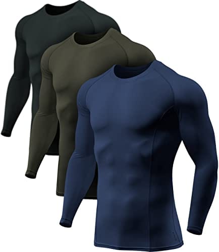 ATHLIO Men's UPF 50+ Long Sleeve Compression Shirts, Water Sports Rash Guard Base Layer, Athletic Workout Shirt, 3pack Black/Navy/Hunter Green, Medium