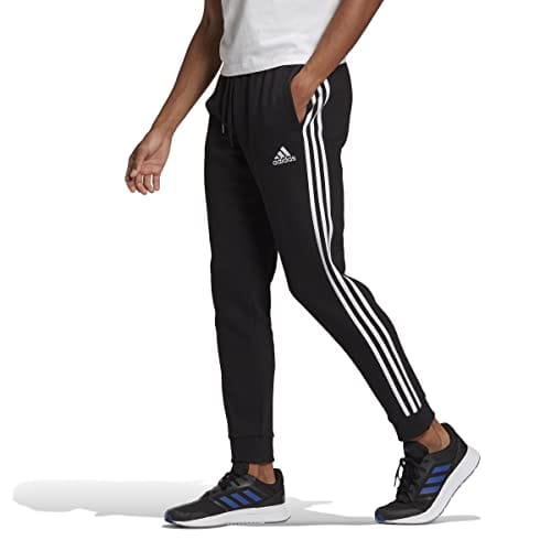 adidas Men's Standard Essentials Fleece Tapered Cuff 3-Stripes Pants, Black/White, Medium