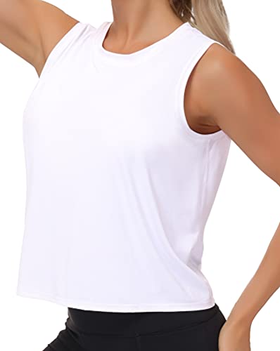 Ice Silk Workout Tops for Women Quick Dry Muscle Gym Running Shirts Sleeveless Flowy Yoga Tank Tops (White, Large)