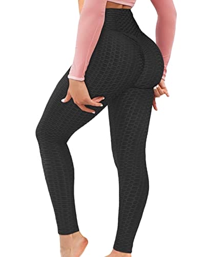 AIMILIA Textured Anti Cellulite Leggings for Women High Waisted Yoga Pants Workout Tummy Control Sport Tights Black