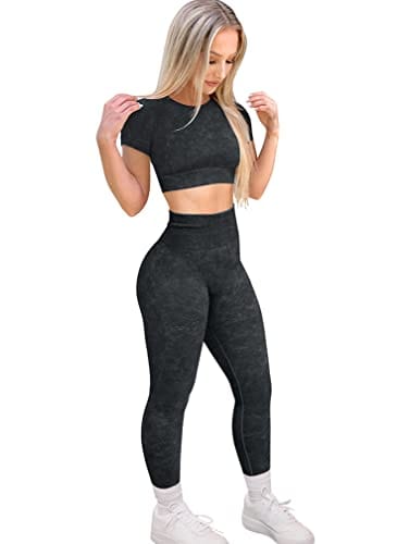 HYZ Workout Sets for Women 2 Piece Acid Wash High Waist Leggings Gym Crop Top Outfits Black
