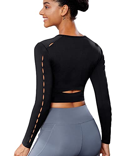 TrainingGirl Women Cutout Workout Crop Tops Long Sleeves Open Back Yoga Shirts Slim Fit Gym Athletic Shirts with Built in Bra (Black, Large)