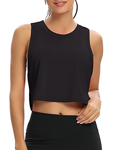 MTIONUG Womens Workout Crop Tops Gym Loose Sleeveless Sport Muscle Open Side Tank Tops for Women Yoga Athletic Shirts Black M