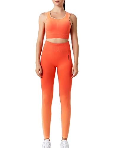 FRESOUGHT Gym Sets for Women Stretchy Seamless Round Neck Crop Tank Matching High Waisted Leggings Yoga Outfits Tracksuit Orange,L
