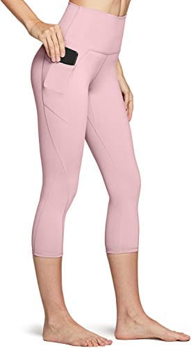 TSLA High Waist Yoga Pants with Pockets, Tummy Control Yoga Leggings, Non See-Through Workout Running Tights, Capris Pocket Peachy Pink Beige