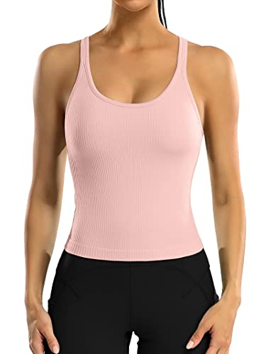 ATTRACO Women Yoga Tops with Built in Bra Gym Ribbed Workout Tank Crop Top Pink S