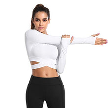 Load image into Gallery viewer, DREAM SLIM Women Long Sleeve Crop Tops Tummy Cross Crewneck Yoga Running Shirts Gym Workout Crop Tops with Thumb Holes (White Long, M)
