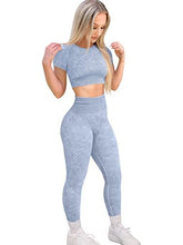 Load image into Gallery viewer, HYZ Workout Sets for Women 2 Piece Acid Wash High Waist Leggings Gym Crop Top Outfits Bluegrey
