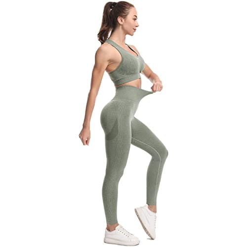 JOJOANS Women's Workout Outfit 2 Pieces Seamless Yoga Workout Set High Waist Leggings with Sports Bra Gym Clothes Sets Green