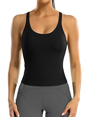 ATTRACO Women Black Workout Cropped Tops with Built in Bra Ribbed Tank Tops Slim Fit