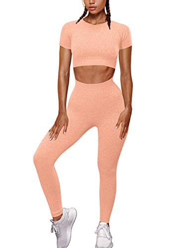 OYS Womens Yoga 2 Pieces Workout Outfits Seamless High Waist Leggings Sports Crop Top Running Sets Flesh Pink