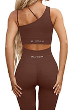 Load image into Gallery viewer, QINSEN Women&#39;s Workout Outfit 2 Pieces Seamless Yoga Leggings Padded Sport Bra Athletic Set Brown M
